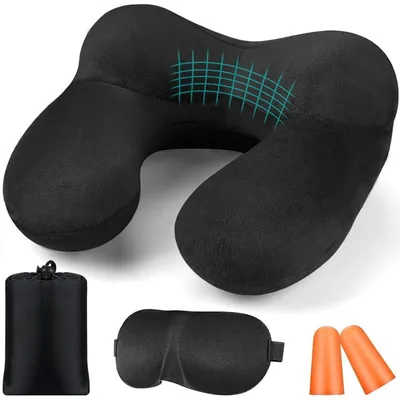 Obrázek produktu pro Nafukovací polštářek pod hlavu s chrániči sluchu, vyrobený z měkkého sametu, ergonomický, ve tvaru písmene U, černý