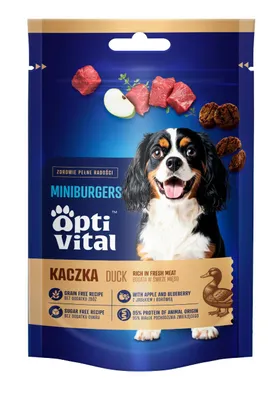 Obrázok produktu pre Mini burgre s kačacou, jablkom a tymiánom, psie maškrty OptiVital 60 g