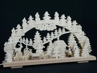 Produktbild von Schwibbogen mit Rehe an der Futterkrippe und Beleuchtung BxHxT 50x29x7cm NEU