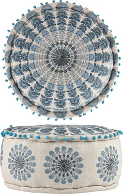 Obrázek produktu pro Marrakech pouf sedák kulatý 50 x 25 cm s výplní | Orientální taburet sedák Garet modrý z bavlny vyšívaný s motivem mandaly | Boho sedák pouf jako dekorace do obývacího pokoje ložnice