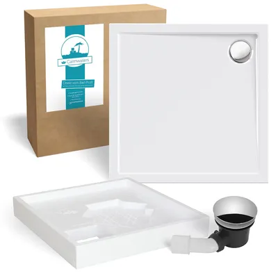 Produktbild von Calmwaters® Acryl-Duschwanne Komplettset 90 x 90 x 2,5 cm mit Wannenträger & Ablaufgarnitur, bodengleiche Brausewanne Modern Select, flache Duschtasse aus Acryl, 90x90 cm, Weiß, 99000120