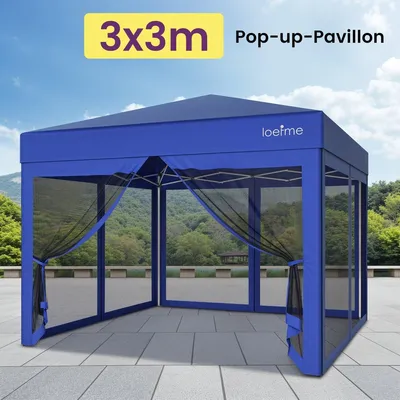 Imagen del producto de Pabellón de 3x3 metros, tipo "pop-up", para jardín, fiesta, con protección contra insectos y mosquiteras, ideal para jardín, terraza o balcón, con altura ajustable de 175 a 195 cm