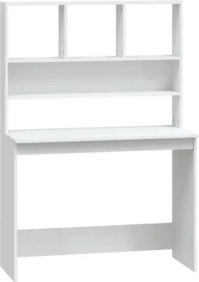 A white desk with a hutch and shelves against a white background.