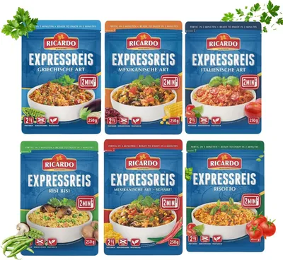 Produktbild von RICARDO Express Reis – 6 gemischte Sorten (8 Packungen à 250 g) Risotto, Mexikanisch, Scharf, Risi Bisi, Italienisch, Griechisch – Vorteilspack