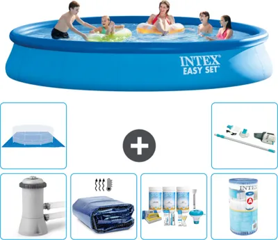 Produktbild von Intex runder aufblasbarer Easy Set-Schwimmpool – 457 x 84 cm – Blau – inklusive Pumpe Sonnensegel - Wartungspaket - Filter - Bodenplane - Staubsauger
