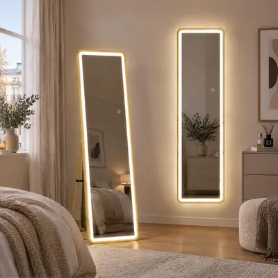 Produktbild von INONEFT Ganzkörperspiegel mit LED Beleuchtung 150×40 cm, Quadratisch Wandspiegel, Hängend oder Lehnend an die Wand, Hartglas, Standspiegel Gold