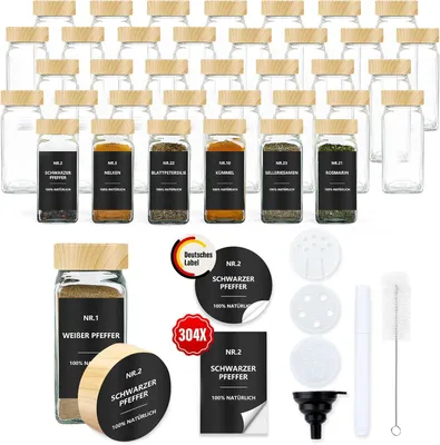Obrázok produktu pre Zimilo 36-dielna sada pohárov na korenie s etiketami, 120 ml, vodovzdorné etikety, skladovanie, bez BPA, drevený povrch, do kuchyne