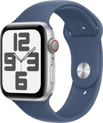 A silver Apple Watch with a blue sport band is shown against a white background.