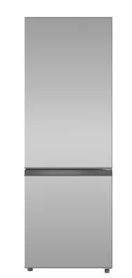 A front view of a silver and gray refrigerator-freezer combination.