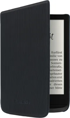 A black e-reader cover is shown open, revealing the screen of an e-reader inside. The cover has a ribbed texture.