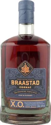 A bottle of Braastad XO Cognac on a white background.