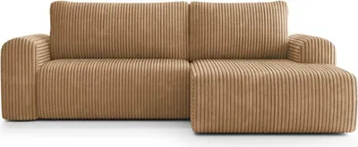 A studio shot of a brown corduroy sectional sofa with a chaise lounge.
