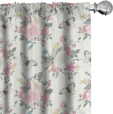 Produktbild von ABAKUHAUS Shabby Flora Vorhänge, Gardinen, Rosen und schmetterlinge Romantischer Stil Viktorianischer Muster Bohemisch, 2 Stück 75 x 175 cm, Pale Pink Grün