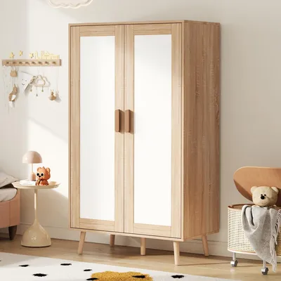 Zdjęcie produktu dla Szafa dwudrzwiowa Merax, szafa do sypialni z 2 drzwiami, drążkiem na ubrania i schowkiem, meble do pokoju dziecięcego, 80 x 46 x 141,5 cm, biała + naturalna