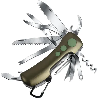 Immagine prodotto di Coltello multiuso da tasca, 15 funzioni, acciaio inossidabile, verde, ideale per campeggio e situazioni di emergenza