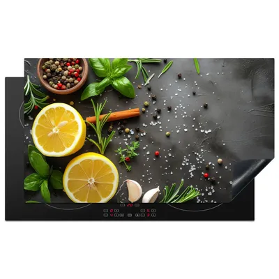Obrázek produktu pro KitchenYeah® Kryt varné desky citron - bylinky - betonový vzhled, 89x51cm, dekorace do kuchyně, keramický kryt varné desky, krycí deska na varnou desku