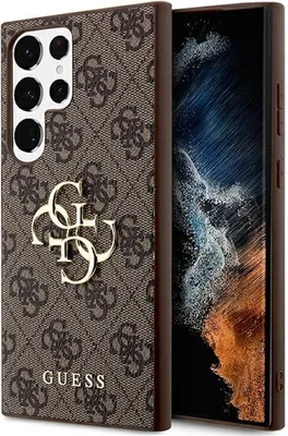 A brown Guess branded phone case with a gold logo is shown next to a smartphone.