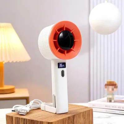 Produktbild von Mini Handventilator USB wiederaufladbar, digitale Anzeige, mit Standfuß, geräuschlos – Orange