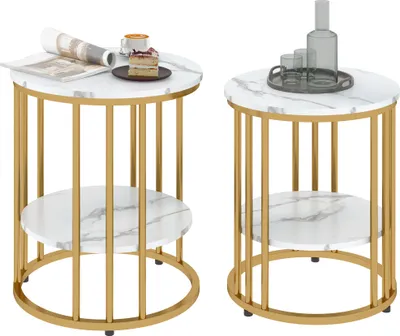 Produktbild von Runder Beistelltisch im 2er-Set, Couchtische in Marmoroptik mit offenem Stauraum und Metallrahmen