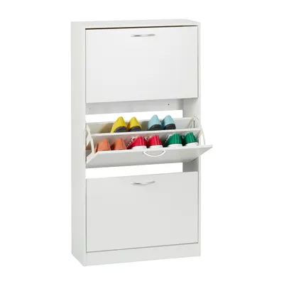 Produktbild von Relaxdays Schuhschrank, HxBxT: 116 x 60 x 24 cm, für 18 Paar, 3 Klappen, schmaler Schuhkipper, Flur Schuhkommode, weiß