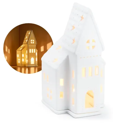Teelichthaus aus Porzellan, Kirche, 9,5 x 9,5 x 18,5 cm, weiß