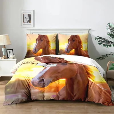 Zdjęcie produktu dla Komplet pościeli 140x200 cm dla dzieci, wzór 3D z motywem koni, zawiera: 1 kołdrę oraz 2 poszewki na poduszki 65x65 cm, wykonane z mikrofibry
