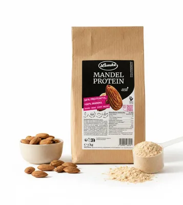 Produktbild von Lemke Mandelprotein 1 kg – Veganes Pflanzenprotein aus 100% gerösteten Mandeln – 56g Protein/100g – Für Shakes, Porridge & Backen