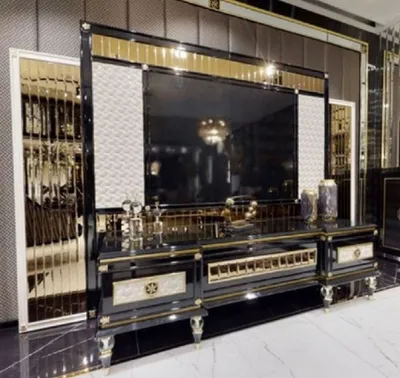 Produktbild von Casa Padrino Luxus Art Deco TV Schrank Rückwand Schwarz / Weiß / Gold - Verspiegelte Massivholz Rückwand - Art Deco Wohnzimmer Möbel - Luxus Wohnzimmer Möbel - Luxus Art Deco Einrichtung