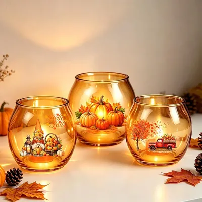 Image de Décoration d'automne : photophore, bougeoir, lanternes décoratives en forme de citrouille, ensemble de 3, photophore avec motif de citrouille, décoration d'automne