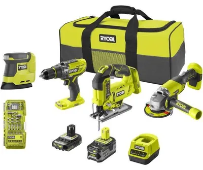 Image de Pack 4 outils 18V ONE+ RYOBI R18CK4F-252S, perceuse a percussion, meuleuse, scie sauteuse, ponceuse, sac
