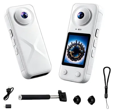 Image de Caméra d'action 4K ZELURXX avec double objectif, angle de vue ultra-large de 200°, caméra avant et arrière, 32 Go de stockage, protection d'objectif magnétique, accessoires, couleur : blanc