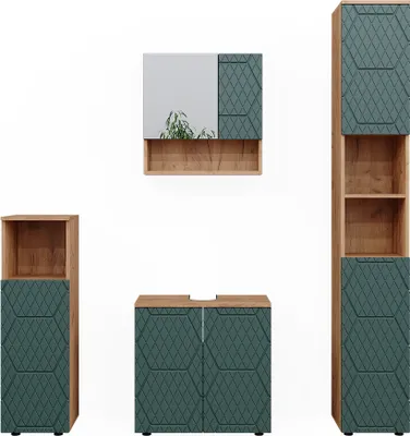 Produktbild von Badmöbel-Set Vicco Irma Grün/Goldkraft Eiche 4 Teile, mit Hochschrank, Model 47192