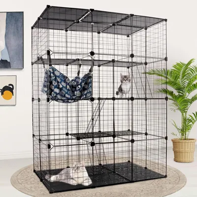 Produktbild von 4-lagige DIY-Katzenunterkünfte für drinnen - Abnehmbare Metallgitter-Katzenbox mit Hängematte für Katzen, Kaninchen und Chinchillas