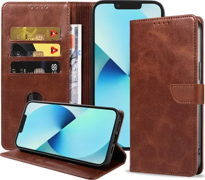 Zdjęcie produktu dla Etui na telefon iPhone 13 ze sztucznej skóry z magnetyczną wargą i uchwytem na karty Etui z klapką - ciemnobrązowy - Smartphonica