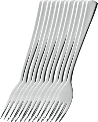 A group of silver forks arranged diagonally against a white background.