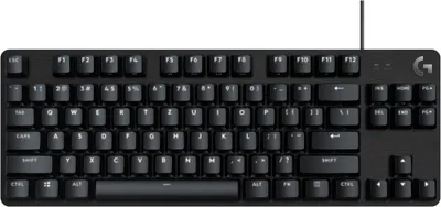 A black Logitech G413 TKL gaming keyboard is shown from a top-down perspective against a white background.