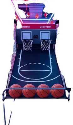 Image de Panier de basket d'arcade, design pliable, 8 modes de jeu, 4 ballons de basket inclus, structure en acier et MDF, système de score électronique