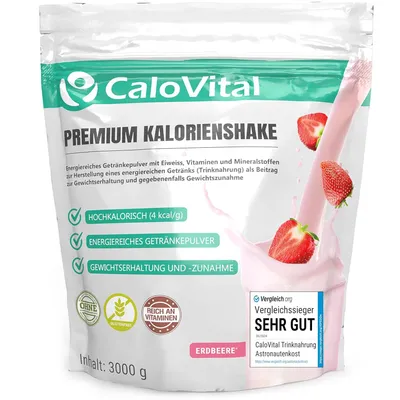 Produktbild von Trinknahrung hochkalorisch für Gewichtszunahme | Kohlenhydrate als Kalorien Shake von CaloVital | Hochdosiert & viele Vitamine (Erdbeere 3Kg), Pulver