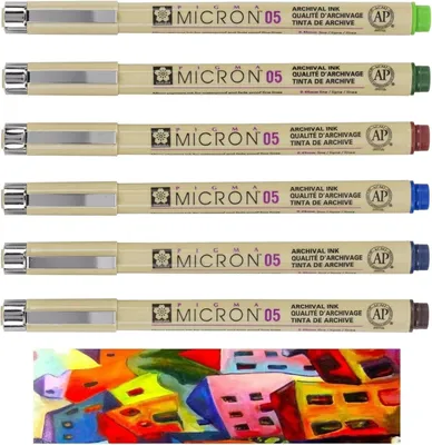 Imagen del producto de Sakura Pigma Micron: 6 rotuladores de precisión (fineliners) con punta 0.5, en 6 colores: verde claro, azul real, burdeos, verde oscuro, azul/negro