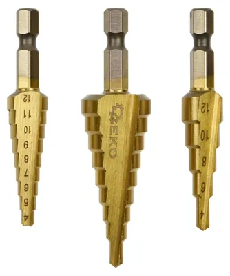 Obrázok produktu pre Stupňovité vrtáky HSS TiN Hex 1/4'', 3 - 12, 4 - 12, 4 - 20mm, sada 3ks, Geko