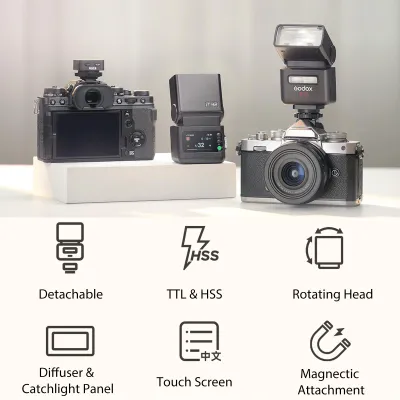 Image de Flash Godox IT32 pour appareil photo,par écran tactile LCD, TLL, tête orientable, lampe d'appoint LED, compatible avec la griffe des appareils Nikon/Fujifilm