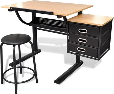 Produktbild von Zeichentisch mit neigbarer Tischplatte, drei Schubladen und Hocker