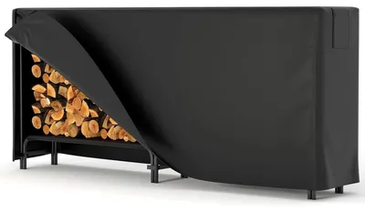 Immagine prodotto di Porta legna con copertura - Portelegna - 2,44 m (8 piedi) - Metallo per carichi pesanti - Copertura impermeabile in tessuto Oxford con cerniera - Per terrazze e verande - Nero