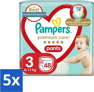 Obrázek produktu pro Pampers – plenkové kalhotky – prémiové plenkové kalhotky velikost 3 – 48 plen – výhodné balení – 5 kusů