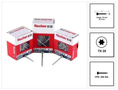 Produktbild von fischer Spanplattenschraube PowerFast FPF II PTF 4,0 x 16 BC 200 Panhead mit Innenstern TX Vollgewinde galvanisch verzinkt, blau passiviert, 200 Stück