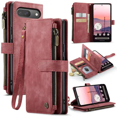 A collage of images showing a red leather wallet-style phone case for a Google Pixel phone, with various angles and features displayed.
