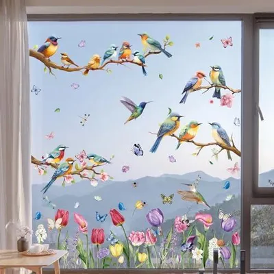 Produktbild von Hianjoo Fensterbilder Frühling Deko Selbstklebend, Vogel Blumen Aufkleber Fenster Fensterbilder Kinder, Fenstersticker Fensterfolie Wiederverwendbar für Fensterdeko