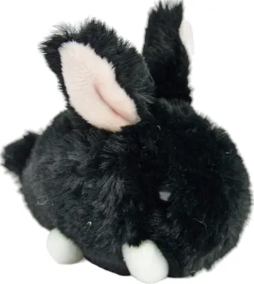 A close-up studio shot of a black plush bunny toy.