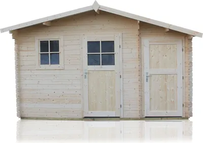 Produktbild von Gartenhaus 4,14 x 4,4 Meter (inkl. Dach) | Naturbelassen | Satteldach | 28 mm Blockbohlen