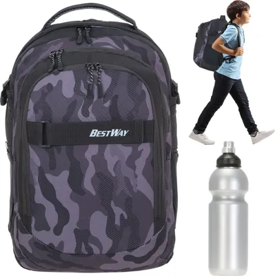 Produktbild von Schulrucksack Jungen Bestway Evolution Packer Rucksack Schultasche Schulmappe Brustgurt Polsterrücken Laptopfach 40177-0117 Camouflage Camo Schwarz + Bagboom Trinkflasche